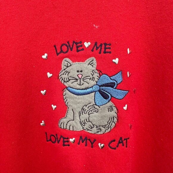 Vintage Embroidered Cat Lady Love My Cat Double Collar Red Blue Sweatshirt Large - Picture 4 of 4